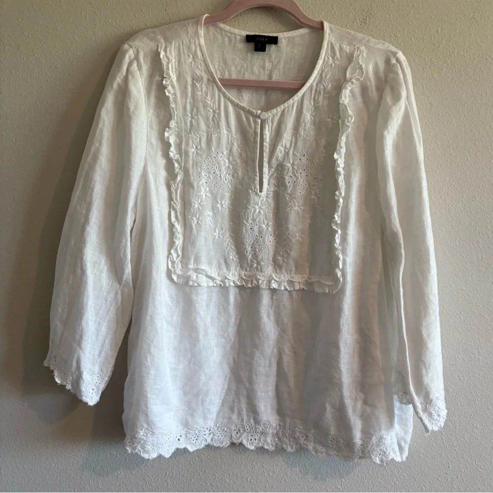 J. Crew Embroidered Tunic Top 100% Linen Blouse Women’s Large White Eyelet-Lace